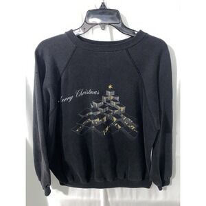 Vintage Christmas Black Raglan Sweatshirt 23x24 Town Star 80s 90s Qbert